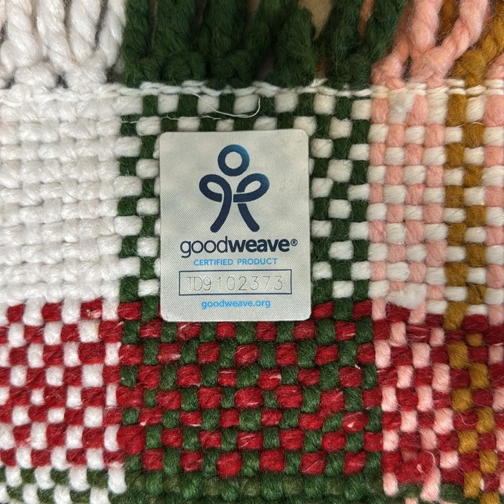 Handwoven Plaid Door Mat in Red, Green & Pink